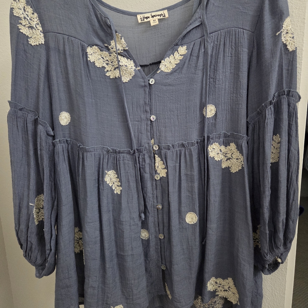Hope Spring Blue/Gray Blouse with White BEADED Embroidery
